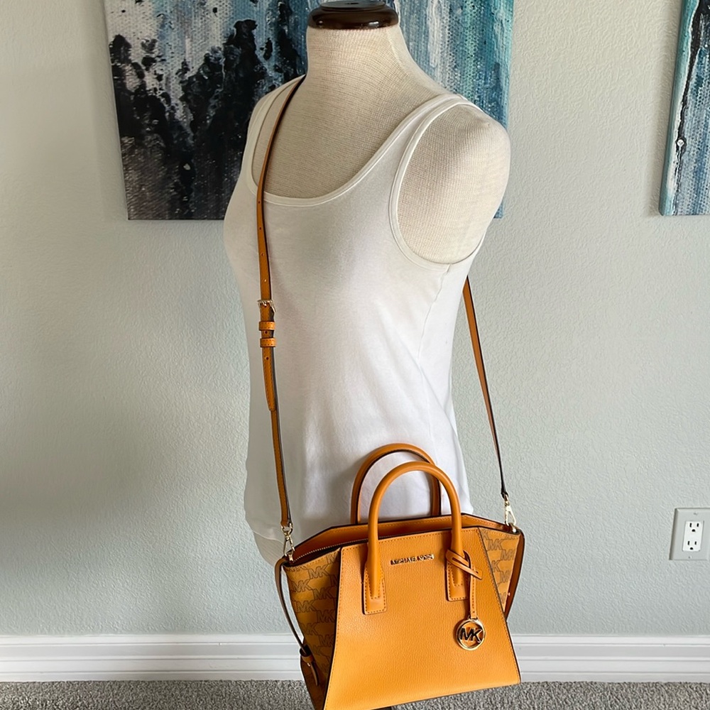 Michael Kors Avril Small Signature PVC Top Zip Satchel Crossbody Bag